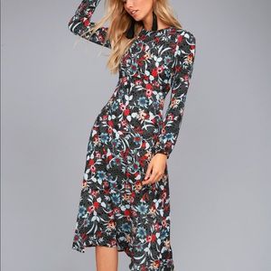 Lulus Garden Madeline Splendor Black Floral Print Midi dress. XS NWOT.